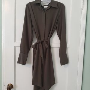 Long Sleeve Collar Tie Waist Button Down Green Dress